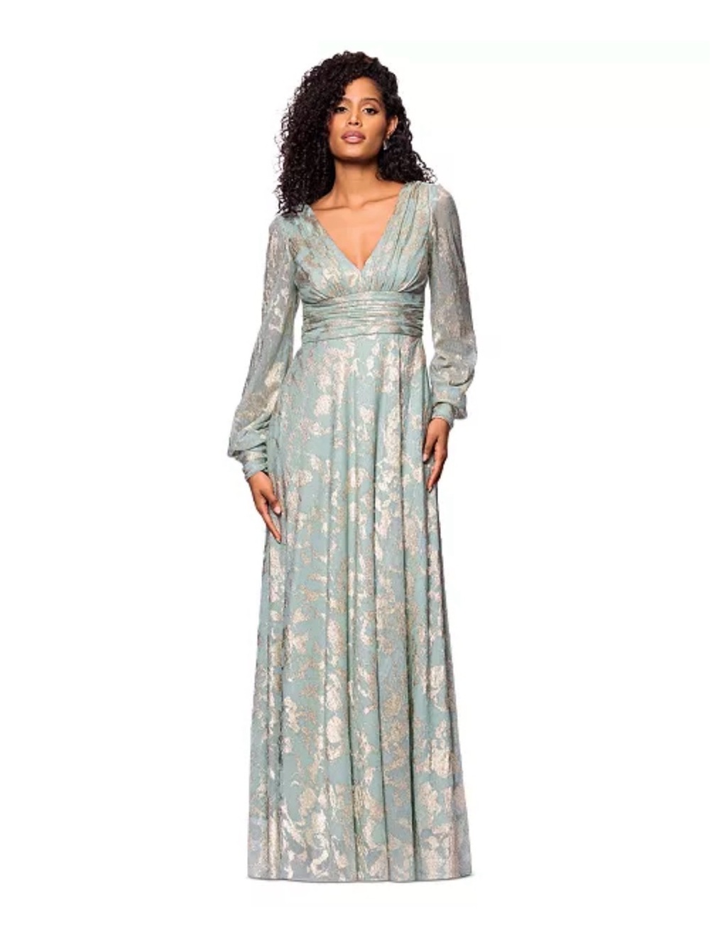 Betsy & Adam Pleated V-Neck Long Sleeve Maxi Dress in Sage Green